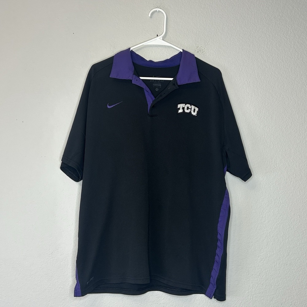 Nike Dri Fit TCU Polo Shirt Men's XL Black Purple Solid Golf Horned Frogs